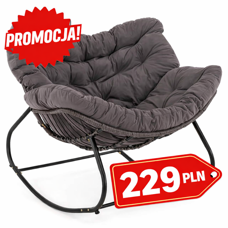 Ogrodowy Fotel Bujany Technorattan Szary + Poduszki